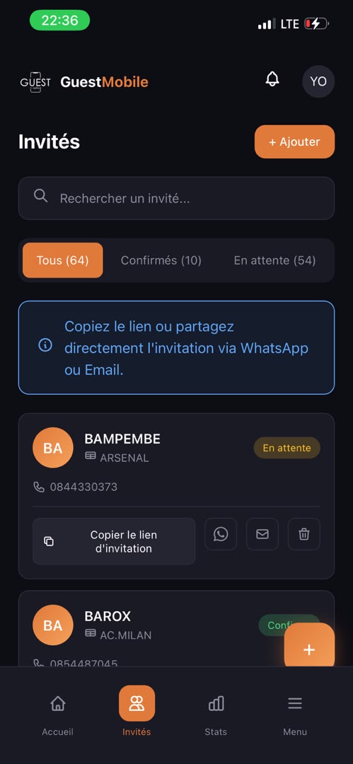 Liste des invités et partage